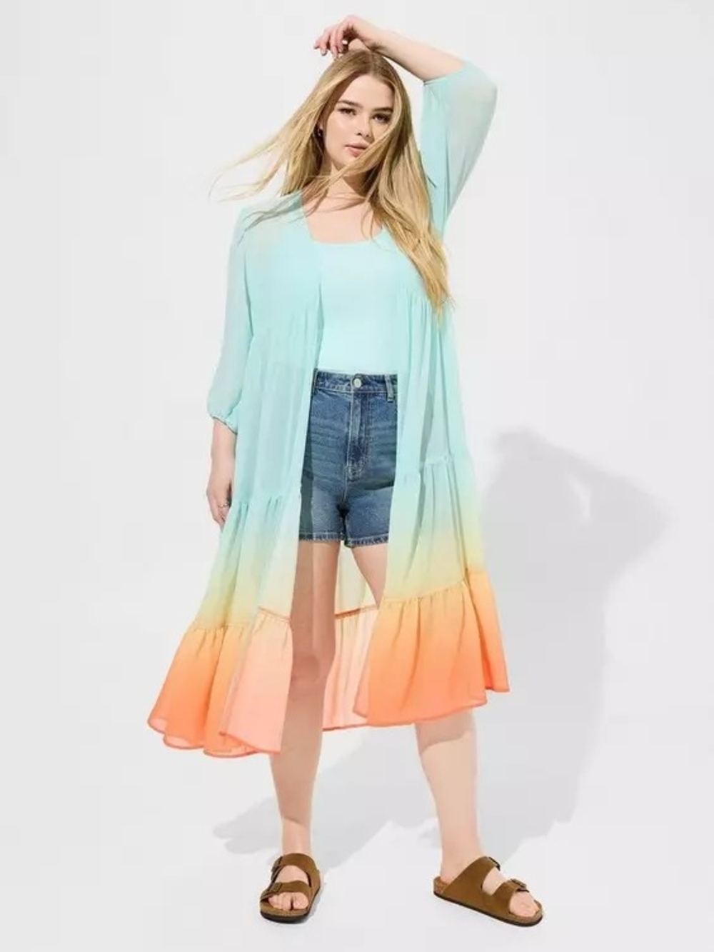 Torrid Chiffon Tiered Maxi Kimono / Fade sherbert multi / 3x